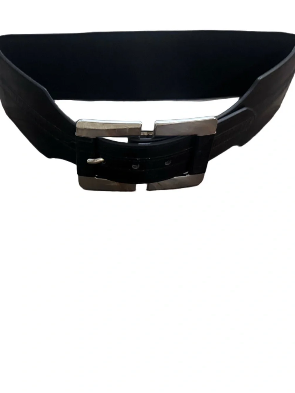 Black Croc-Embossed Stretch Waist Belt with Silver Buckle